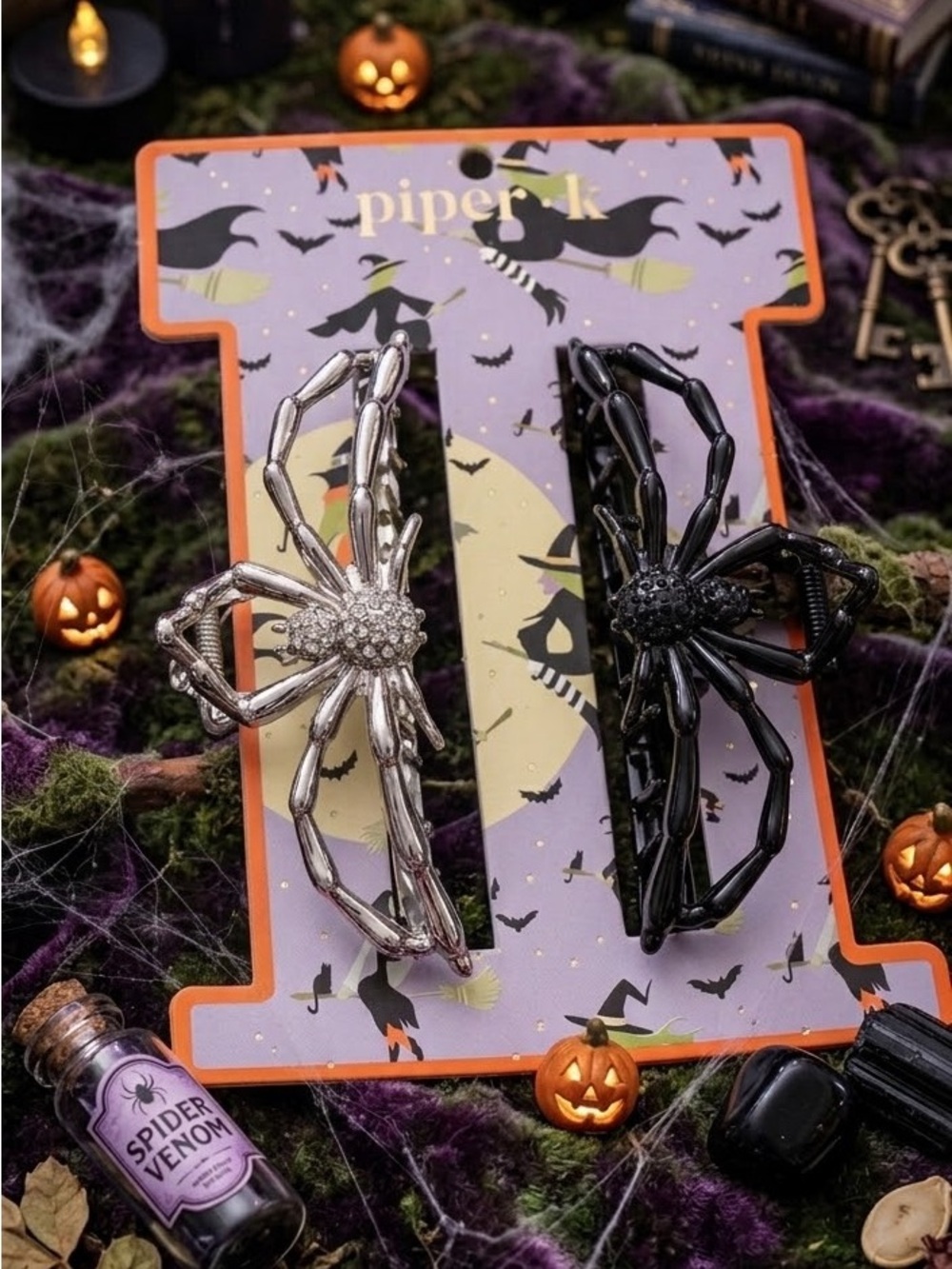 Piper K Halloween Spider Hair Clips - Black & Silver